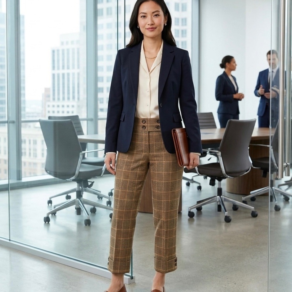 J.Crew Y2K Women 100% Wool Plaid City Fit Trousers Brown Glen Check Pants Size 2